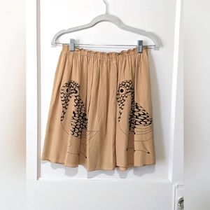 Silk champagne Anthropologie owl print Skirt, size 6 elastic waist